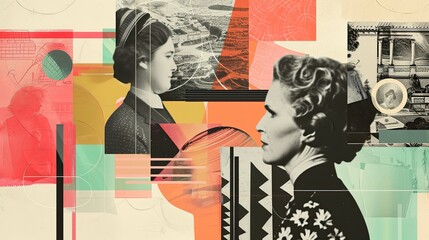 Composite image of portrait of two women against collage background. A collage-style graphic design portraying a timeline of significant life events from childhood to old age through a series.