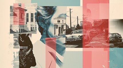 Double exposure of a a city street. Collage. A collage-style graphic design portraying a timeline of significant life events from childhood to old age. - obrazy, fototapety, plakaty