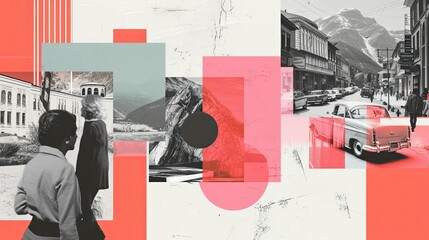 Double exposure of a a city street. Collage. A collage-style graphic design portraying a timeline of significant life events from childhood to old age. - obrazy, fototapety, plakaty