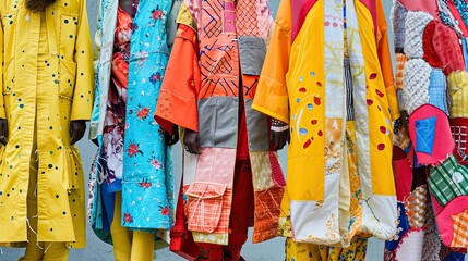 Colorful traditional japanese kimono in the street market. A collage-style image showcasing a variety of patched-up garments, symbolizing renewal and readiness. Vibrant colors and eclectic patterns. - obrazy, fototapety, plakaty