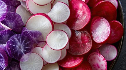 Radish slices background, radish slices background, radish slices. A colorful mix of sliced radishes, featuring red, white, and purple varieties, arranged in a harmonious pattern. - obrazy, fototapety, plakaty