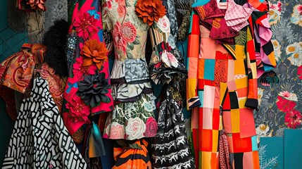 Colorful cloths hanging on the wall of a shop in Istanbul. A collage-style image showcasing a variety of patched-up garments, symbolizing renewal and readiness. Vibrant colors and eclectic patterns. - obrazy, fototapety, plakaty