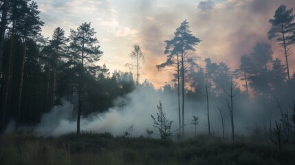 Evening in the countryside forest with a cloudy sky obscured by smoke from a fire.