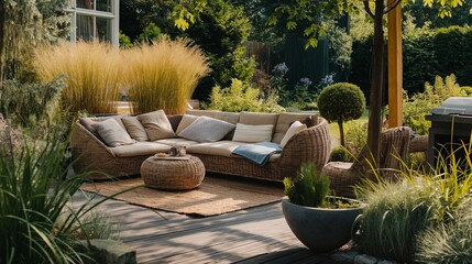 Expansive patio featuring a rattan garden furniture set, enveloped by abundant greenery.