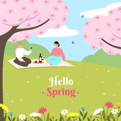 Fototapeta premium Hello Spring template. Happy family on picnic. Vector illustration EPS10