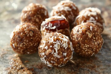 Fototapeta na wymiar Raw energy balls crafted from dates, nuts, and coconut flakes, symbolizing Earth Day's emphasis on raw, unprocessed foods that honor the Earth's natural bounty.