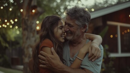 Obraz premium Father's Day celebration with a joyful family scene, featuring a daughter embracing her dad and sharing laughter during the holiday.
