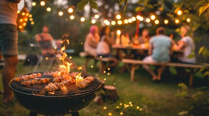 Friends' outdoor party: highlight the barbecue grill and leave space for text. - obrazy, fototapety, plakaty