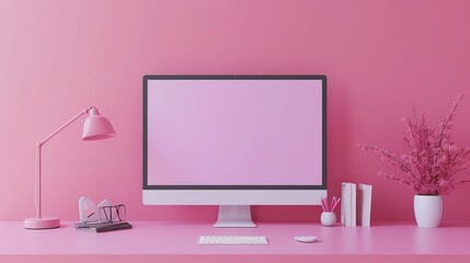 Blank screen desktop computer in minimal office room with decorations and copy space