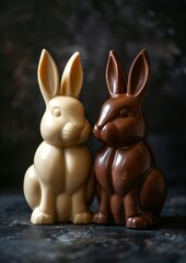 Dark and White chocolate easter bunnies, isolated on dark background. Luxury chocolate, Easter holiday. Delicious milk, dark chocolate bunny.