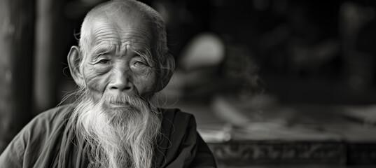 black and white portrait of a wise old monk with copy space