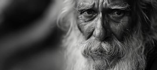 black and white portrait of a wise old man with copy space