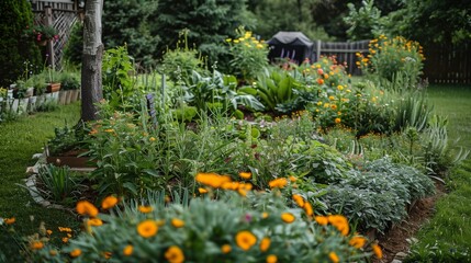 Late summer backyard vegetable garden with a mix of herbs, flowers, and eco-friendly vegetables.