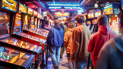 A vibrant image capturing people enjoying various arcade games surrounded by colorful neon lights.