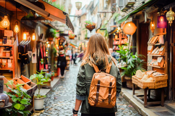A young woman wearing a backpack strolling through a charming European alley lined with shops and streetlights.