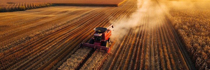 Overhead Perspective of a Combine Harvester Operating in a Field of Crops