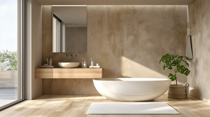 Fototapeta na wymiar Sleek Simplicity: Minimalistic Modern Bathroom in Warm and Neutral Tones