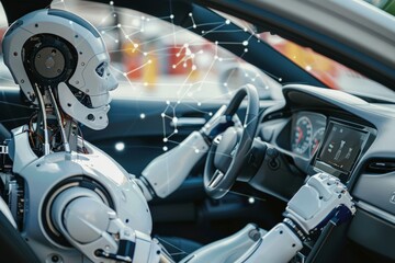 A robot is seated inside a car, holding onto the steering wheel.