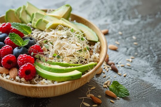 Raw energy bowl filled with sprouted grains, nuts, and seeds, alongside slices of ripe avocado and fresh berries, embodying the spirit of Earth Day.