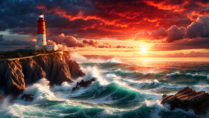 A lighthouse at sunset on the coast