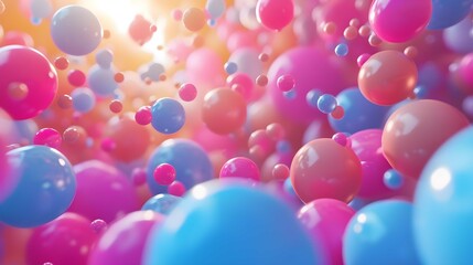 Many rainbow gradient random bright soft balls background. Colorful balls background for kids zone or children's playroom. Huge pile of colorful balls in different sizes. - obrazy, fototapety, plakaty