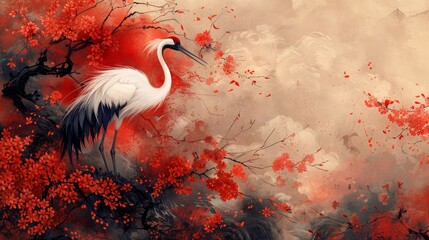 Modern Oriental decoration with gold crane bird element with black Chinese clouds and Japanese pattern. Watercolor texture with geometric icon.
