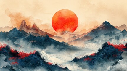 The layout of mountains is designed in an oriental style with a Japanese background with hand drawn waves.