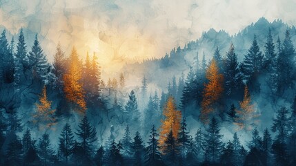 Detailed modern abstract art of a mountain forest landscape design with a blue and brown watercolor texture against a natural background. Watercolor painting texture background. - obrazy, fototapety, plakaty