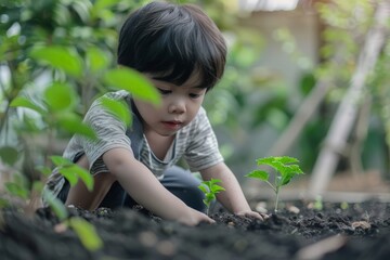 A young Asian boy kneels in the dirt, attentively looking at a small plant in a garden setting.