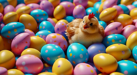 Fototapeta na wymiar Chicken hen in colored pastel easter eggs