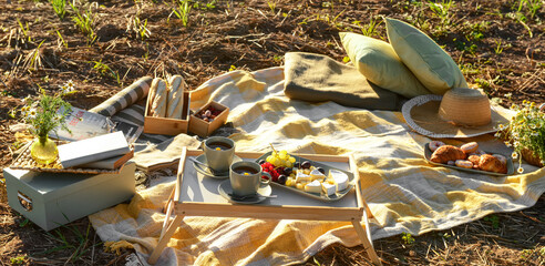 Plaid  with cups of tea and snacks for picnic in field at sunset