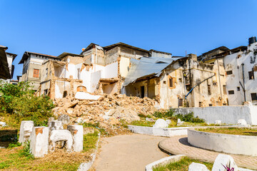 Destroyed residential building at Stone Town. Ruins of the house. Zanzibar, Tanzania