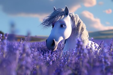 a cartoon horse against a dreamy lavender backdrop, with flowing mane details and expressive eyes,...