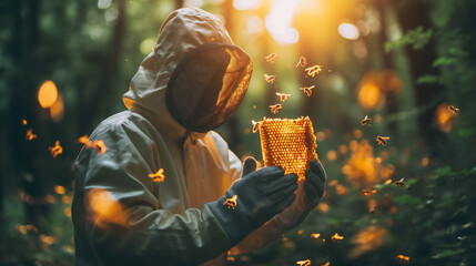 A beekeeper in protective gear carefully examines a honeycomb, surrounded by flying bees in a forest illuminated by a warm, golden sunlight - obrazy, fototapety, plakaty