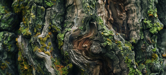 The rough-textured surface of an ancient tree trunk bears the scars of years gone by, with gnarled...