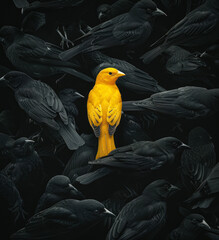 Fototapeta premium Gray gloomy dark society all black and depressing the only bright spot, color in the darkness. A yellow symbolic bird among black ravens. Uniqueness in the crowd.