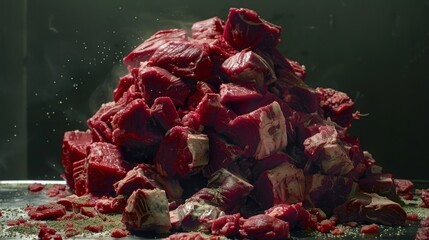 heap lots of fresh raw beef meat, hyperrealistic photography, 16:9