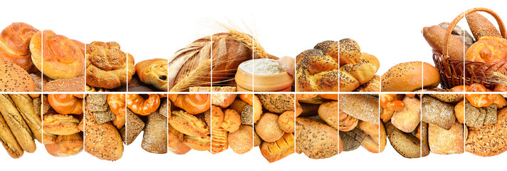 Wide panoramic collection of bread products isolated in white