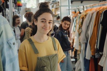 Fototapeta premium Joyful Young Woman Shopping in Trendy Clothing Store