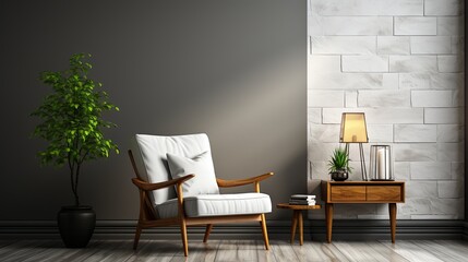 Minimalist interior with one white chair and a small table near the window against a textured gray brick wall, copy space. Generative AI