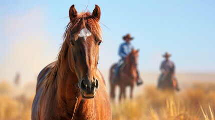 Two cowboy horses in the field on a sunny day, close-up - obrazy, fototapety, plakaty