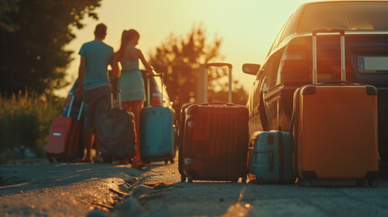 A family with suitcases of different colors, ready to pack them in the car and go on vacation. - obrazy, fototapety, plakaty