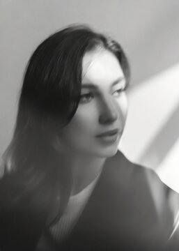 portrait of pensive woman in blurred black and white