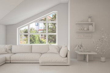 Grey living room concept with sofa and summer landscape in window. Scandinavian interior design. 3D illustration