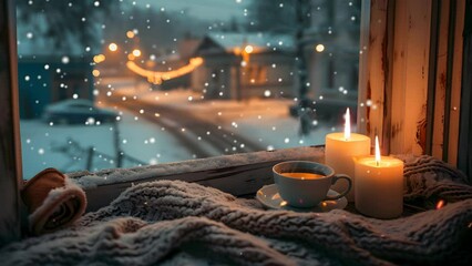 Coffee cup and candle on snowy windowsill create cozy winter ambiance.  Seamless Looping 4k Video Animation