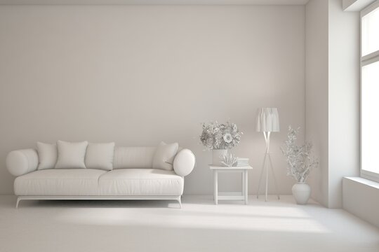 Grey living room concept with sofa. 3D illustration