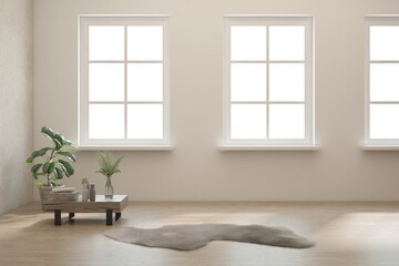 White empty room with home decor and green potted plant. Scandinavian interior design. 3D illustration