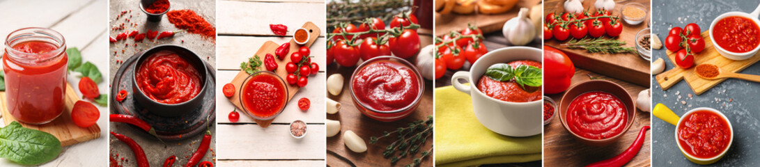Collage of tasty tomato sauces on table