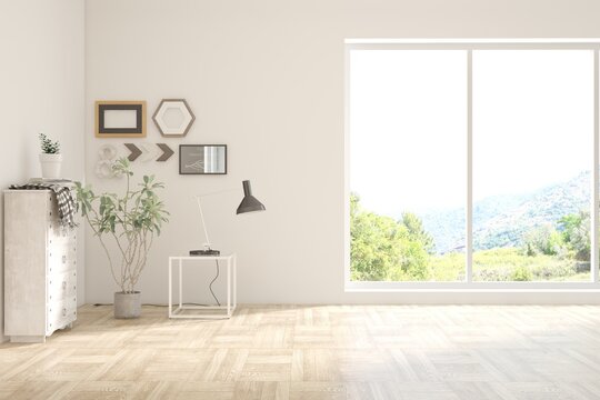 White empty room with home decor, green potted plant and summer landscape in window. Scandinavian interior design. 3D illustration
