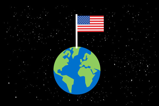 USA as dominant and global superpower, hegemony and ruler on the planet Earth and the World. American dominance, domination, supremacy, ascendancy. Planet and national flag. Vector illustration.